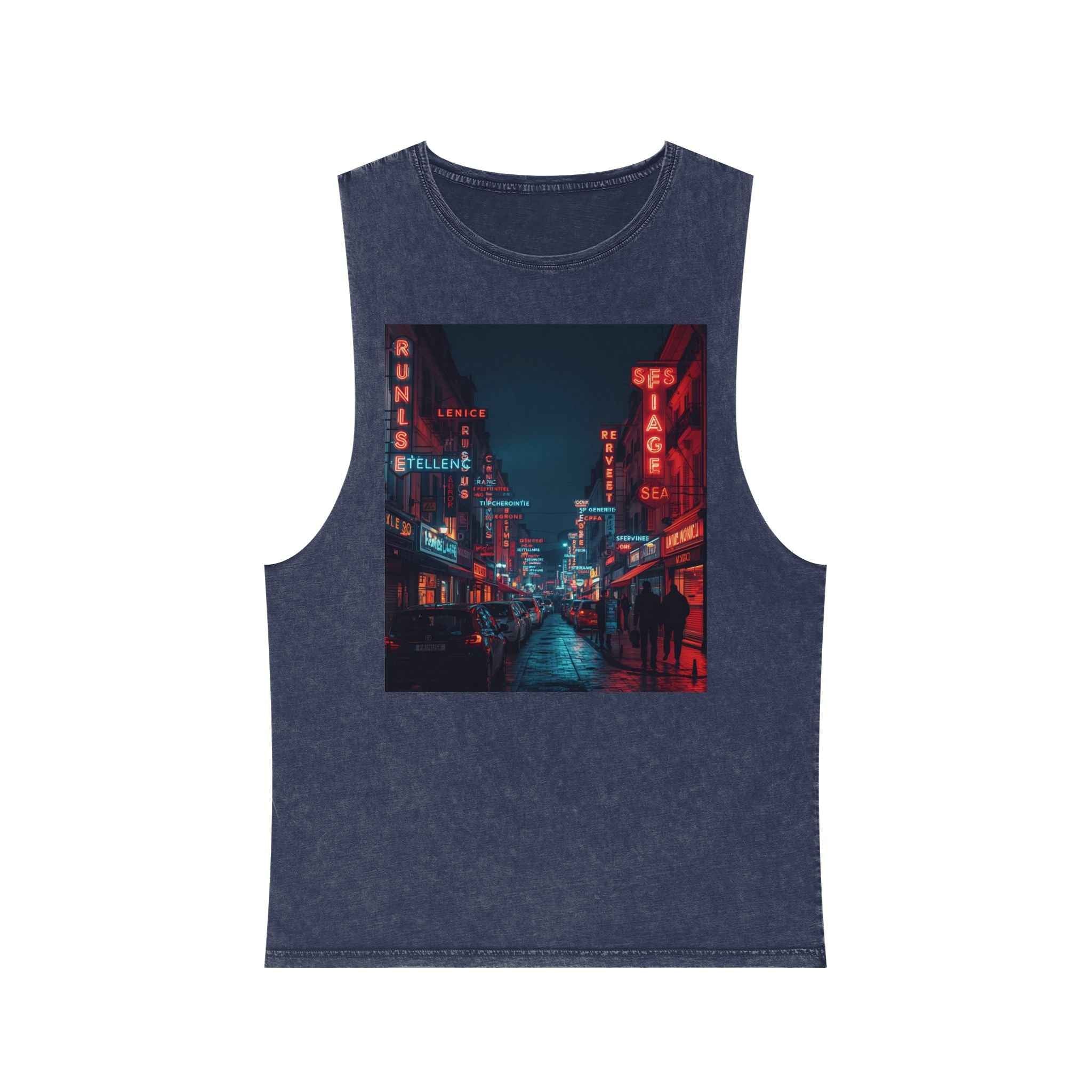 Neon French Cityscape Stonewash Tank Top With Retro Cyberpunk Night Street Print